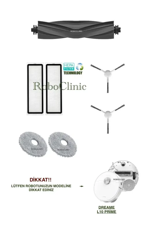Roboclinic Dreame L10 Prime Robot Süpürge Uyumlu Yedek Fırça, Hepa Filtre, Mop Seti-7 Parça