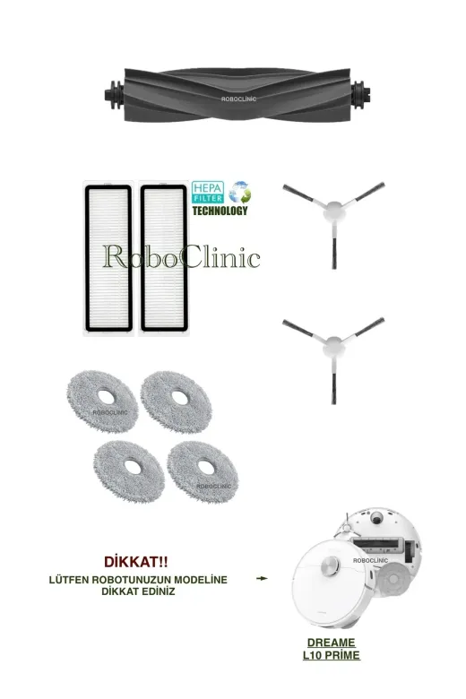 Roboclinic Dreame L10 Prime Robot Süpürge Uyumlu Yedek Fırça, Hepa Filtre, Mop Seti-9 Parça