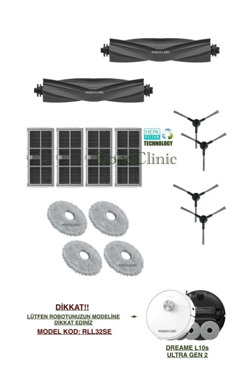 Roboclinic Dreame L10S Ultra Gen 2 Robot Süpürge Uyumlu (M.kod: Rll32Se) Yedek Fırça, Filtre, Mop Seti-14 Parça