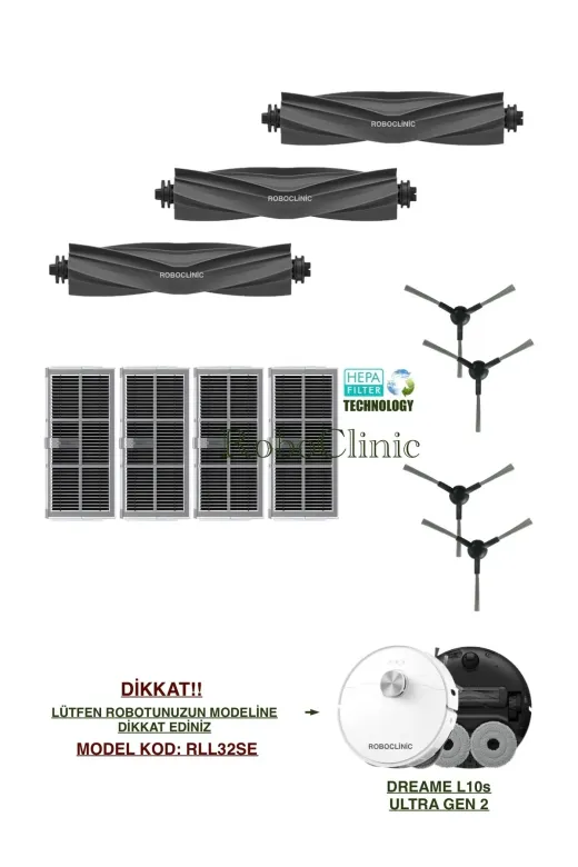 Roboclinic Dreame L10S Ultra Gen 2 Robot Süpürge Uyumlu (M.kod: Rll32Se) Yedek Fırça, Hepa Filtre Seti-11 Parça