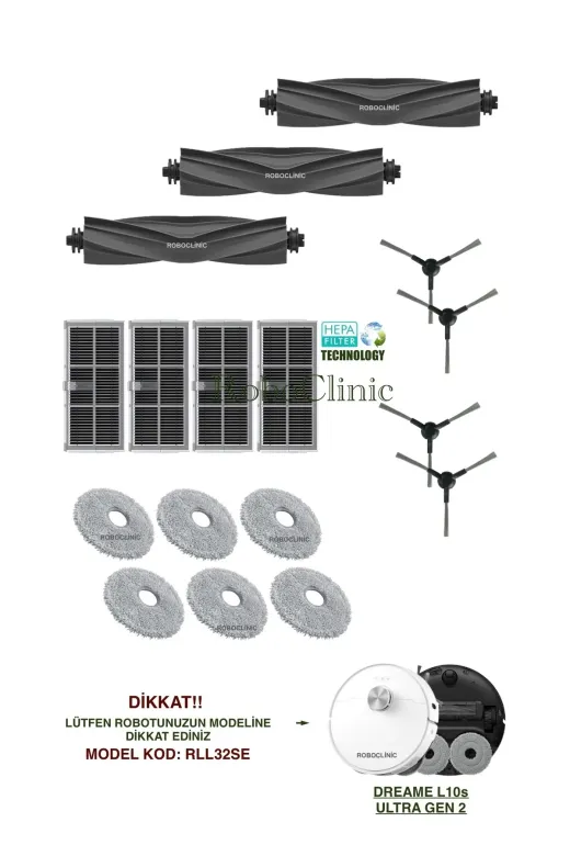 Roboclinic Dreame L10S Ultra Gen 2 Robot Süpürge Uyumlu (M.kod: Rll32Se) Yedek Fırça, Filtre, Mop Seti-17 Parça