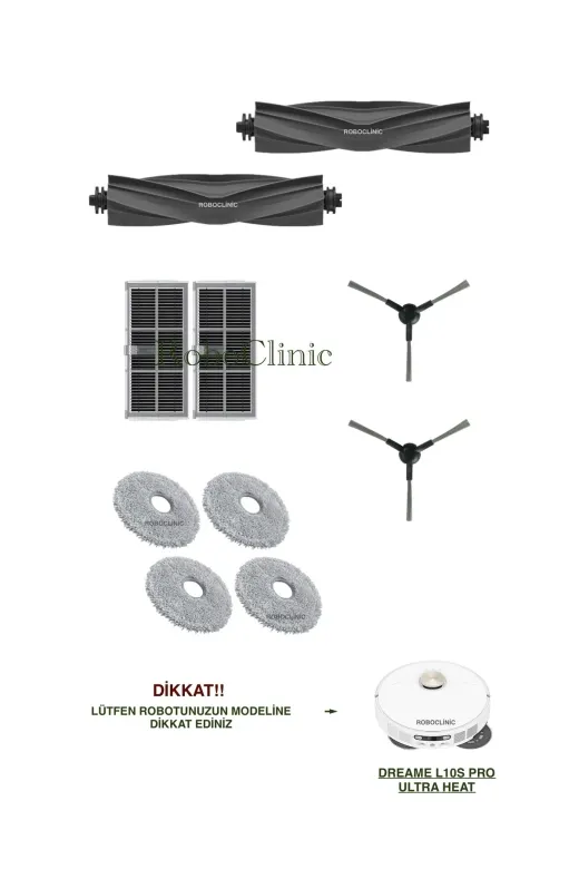 Roboclinic Dreame L10s Ultra Heat Dreame L10S Pro Ultra Heat Robot Süpürge Uyumlu Ana Fırça, Yan Fırça, Hepa Filtre, Mop Seti-10 Parça