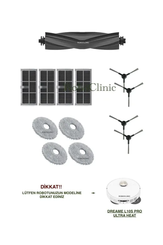Roboclinic Dreame L10s Ultra Heat Dreame L10S Pro Ultra Heat Robot Süpürge Uyumlu Ana Fırça, Yan Fırça, Hepa Filtre, Mop Seti-13 Parça