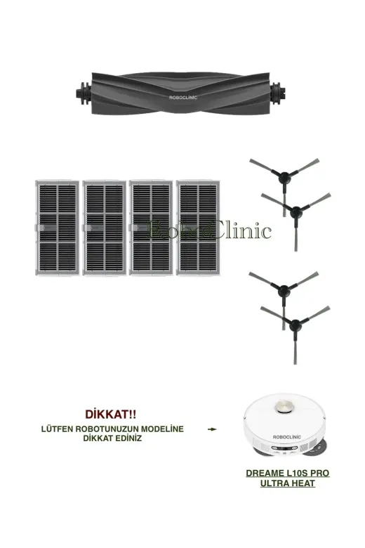 Roboclinic Dreame L10s Ultra Heat Dreame L10S Pro Ultra Heat Robot Süpürge Uyumlu Ana Fırça, Yan Fırça, Hepa Filtre Seti-9 Parça