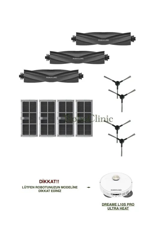 Roboclinic Dreame L10s Ultra Heat Dreame L10S Pro Ultra Heat Robot Süpürge Uyumlu Ana Fırça, Yan Fırça, Hepa Filtre Seti-11 Parça
