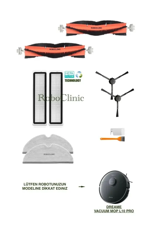 Roboclinic Dreame Vacuum Mop L10 Pro Siyah Robot Süpürge Uyumlu Fırça,hepa Filtre,mop Set-10 Parça