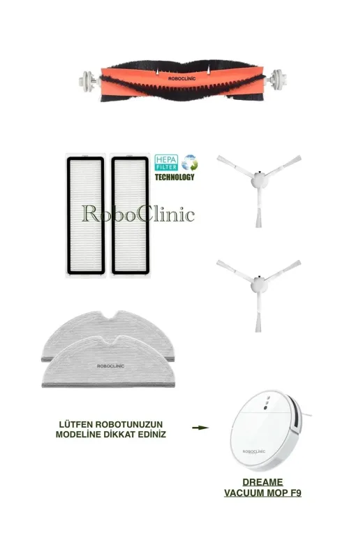 Roboclinic Dreamef9beyaz Dreame Vacuum Mop F9 Uyumlu Yedek Firça Hepa Filtre Mop Seti-7 Parça