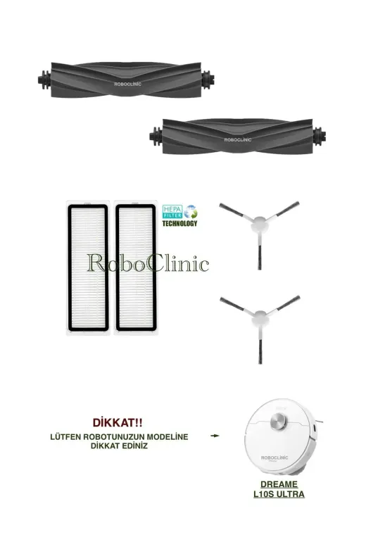 Roboclinic dreamel10sultra Dreame L10S Ultra Robot Süpürge Uyumlu Yedek Fırça, Hepa Filtre Seti-6 Parça