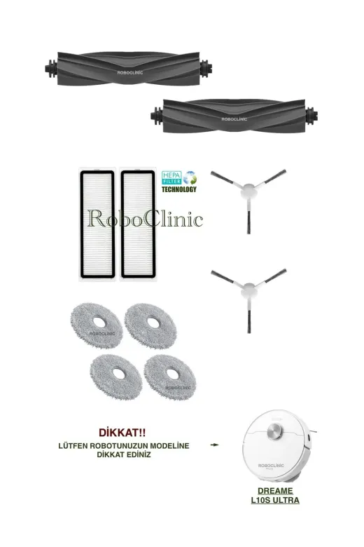 Roboclinic dreamel10sultra Dreame L10S Ultra Robot Süpürge Uyumlu Yedek Fırça,hepa Filtre,mop Seti-10 Parça