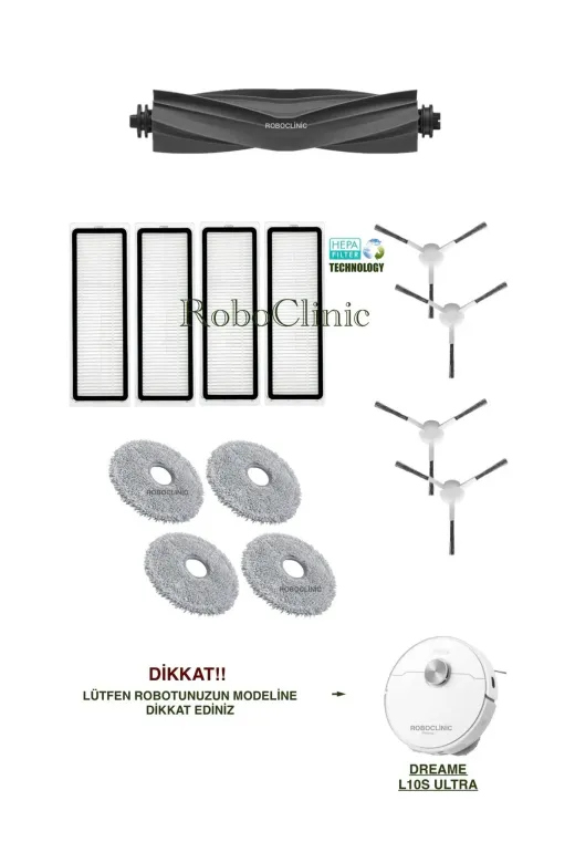 Roboclinic dreamel10sultra Dreame L10S Ultra Robot Süpürge Uyumlu Yedek Fırça,hepa Filtre,mop Seti-13 Parça