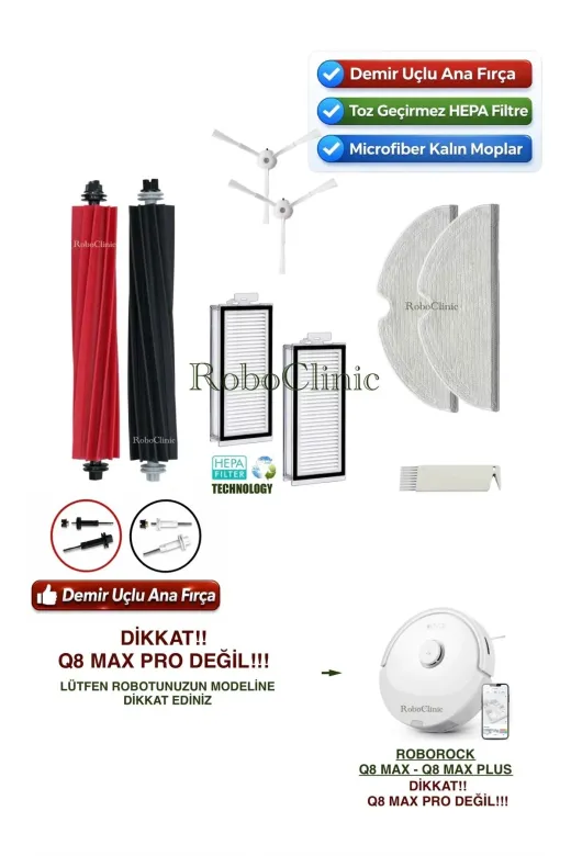 Roboclinic Roborockq8beyaz Roborock Q8 Max, Q8 Max Plus Robot Süpürge Uyumlu Yedek Fırça, Hepa Filtre, Mop Paspas -9 Parça