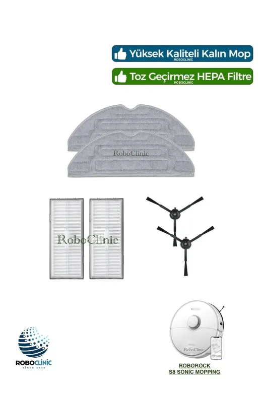 Roboclinic Roborocks8 Sonic Roborock S8 Sonic Mopping Robot Süpürge Uyumlu Yedek Hepa Filtre, Yan Fırça, Mop Seti-6 Parça