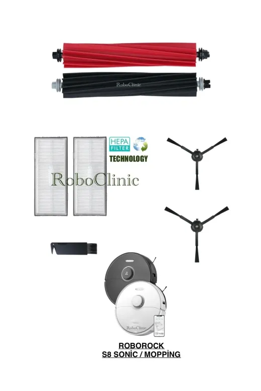 Roboclinic Roborocks8moping Roborock S8 Sonic Mopping Robot Süpürge Uyumlu Fırça Hepa Filtre Yenileme Seti-7 Parça