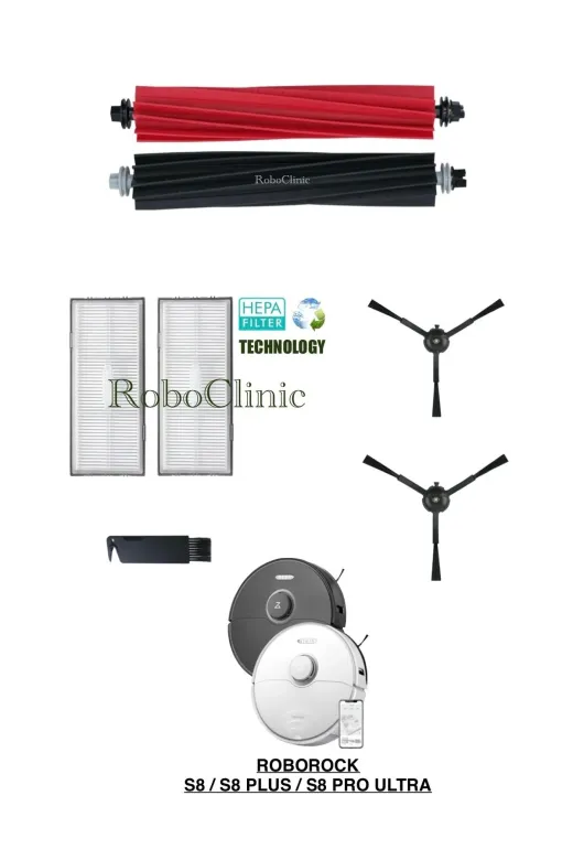 Roboclinic RoborockS8mopsuz Roborock S8/s8 Plus/s8 Pro Ultra Uyumlu Ana Fırça, Yan Fırça, Hepa Filtre Seti -7 Parça