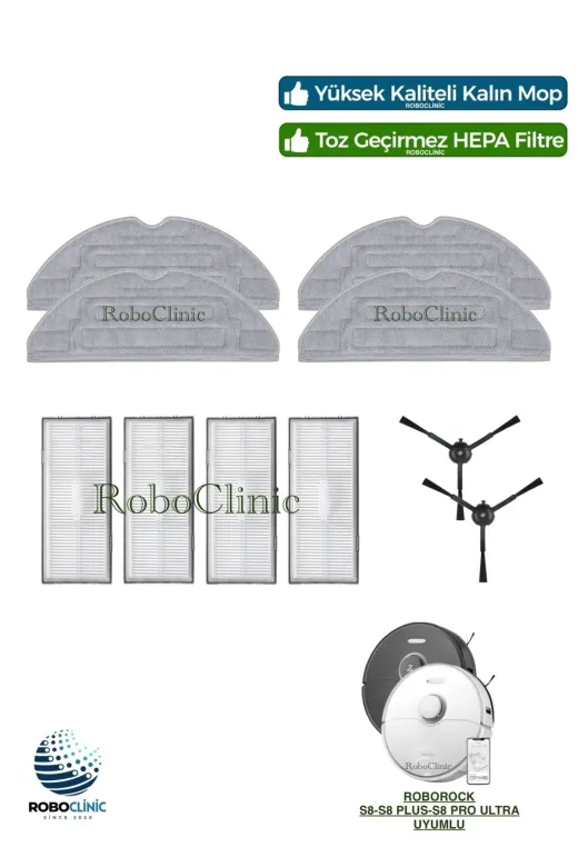 Roboclinic RoborockS8series Roborock S8 / S8 Plus / S8 Pro Ultra Robot Süpürge Uyumlu Yedek Hepa Filtre, Yan Fırça, Mop-10 Parça
