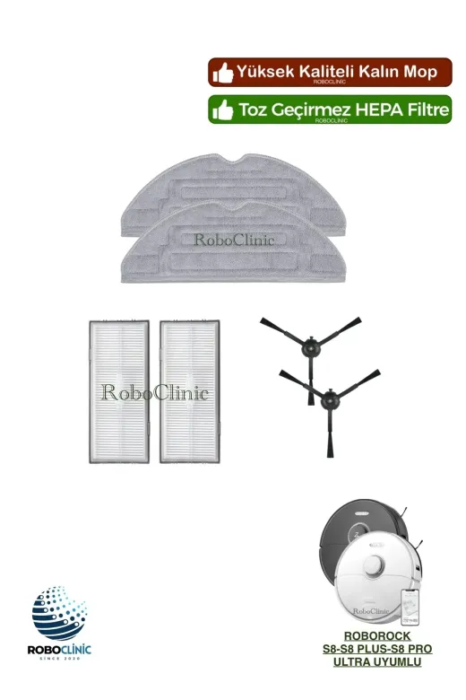 Roboclinic RoborockS8series Roborock S8 / S8 Plus / S8 Pro Ultra Robot Süpürge Uyumlu Yedek Hepa Filtre, Yan Fırça, Mop-6 Parça