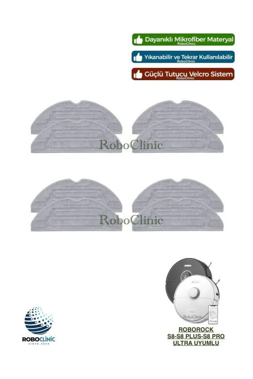 Roboclinic RoborockS8series Roborock S8 / S8 Plus / S8 Pro Ultra Robot Süpürge Uyumlu 8 Adet Microfiber Mop Bez Paspası