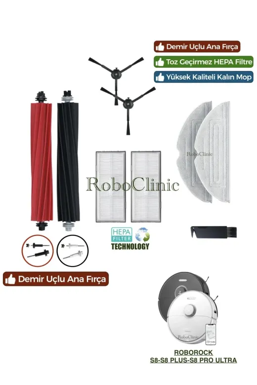 Roboclinic RoborockS8series Roborock S8/s8 Plus/s8 Pro Ultra Robot Süpürge Uyumlu Yedek Fırça, Filtre, Mop Paspas-9 Parça