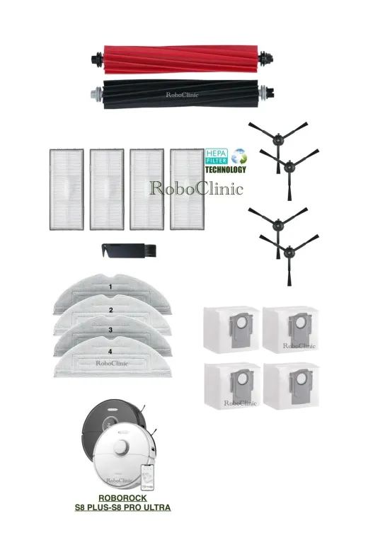 Roboclinic s8plus s8pro ultra Roborock S8 Plus, S8 Pro Ultra Uyumlu Yedek Toz Torba, Fırça, Hepa Filtre, Mop Seti-19 Parça
