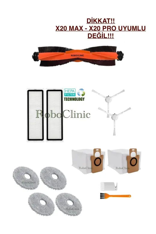 Roboclinic x10plus Xiaomi Robot Vacuum X10 Plus X20 Plus Uyumlu Yedek Toz Torba, Fırça, Hepa Filtre, Mop Seti-13 Parça