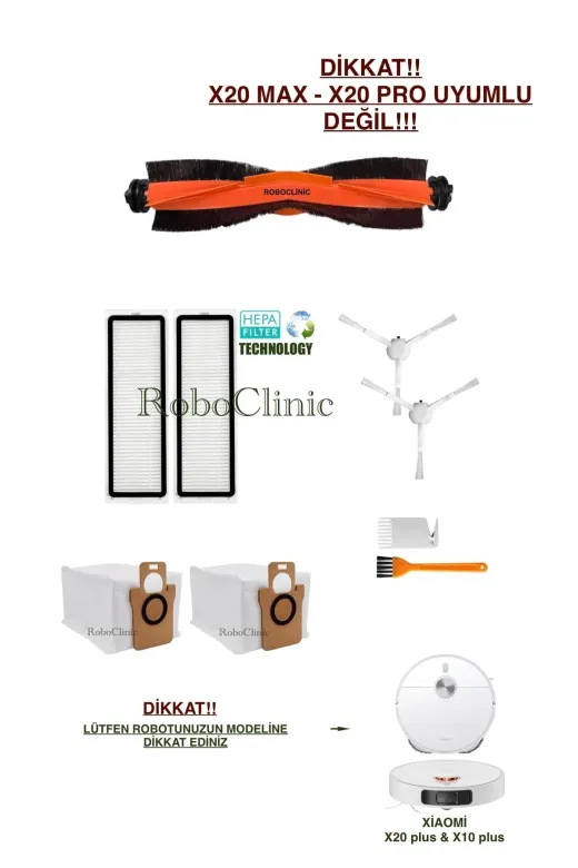 Roboclinic x10plus Xiaomi Robot Vacuum X10 Plus X20 Plus Uyumlu Yedek Toz Torba, Fırça, Hepa Filtre Seti-9 Parça