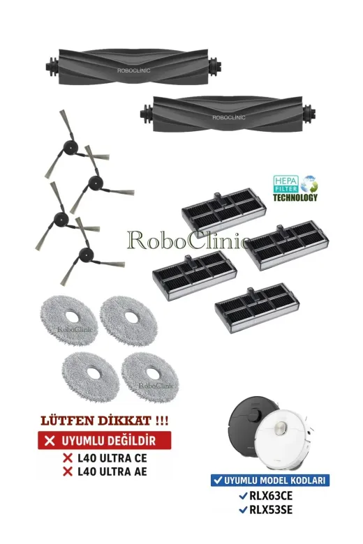 Roboclinic x40 l40 ultra Dreame X40 Ultra L40 Ultra Robot Süpürge Uyumlu Fırça, Hepa Filtre, Mop Seti-14 Parça