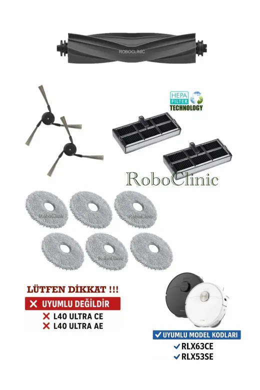 Roboclinic x40 l40 ultra Dreame X40 Ultra L40 Ultra Robot Süpürge Uyumlu Fırça, Hepa Filtre, Mop Seti-11 Parça