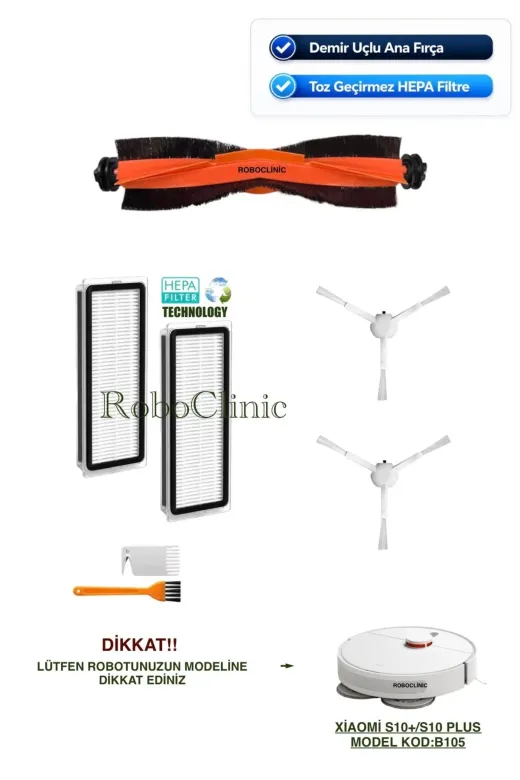 Roboclinic xiaomi00309 Xiaomi Robot Vacuum S10 Plus Robot Süpürge Uyumlu Yedek Fırça,hepa Filtre Seti-7 Parça