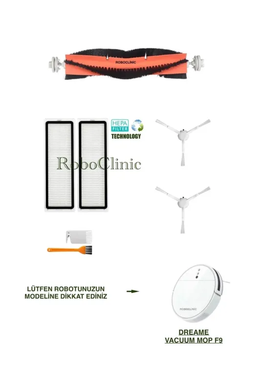 Roboclinic xiaomif9007 Dreame Vacuum Mop F9 Robot Süpürge Uyumlu Fırça,filtre,seti-7 Parça