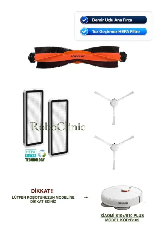 Roboclinic xiaomis10plus00130 Xiaomi Robot Vacuum S10+ / S10 Plus Robot Süpürge Uyumlu Yedek Fırça, Filtre, Mop Seti-5 Parça