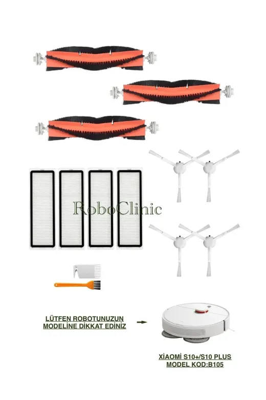 Roboclinic xiaomis10plus00134 Xiaomi Robot Vacuum S10 Plus Uyumlu Ana Fırça,yan Fırça,hepa Filtre Seti-13 Parça