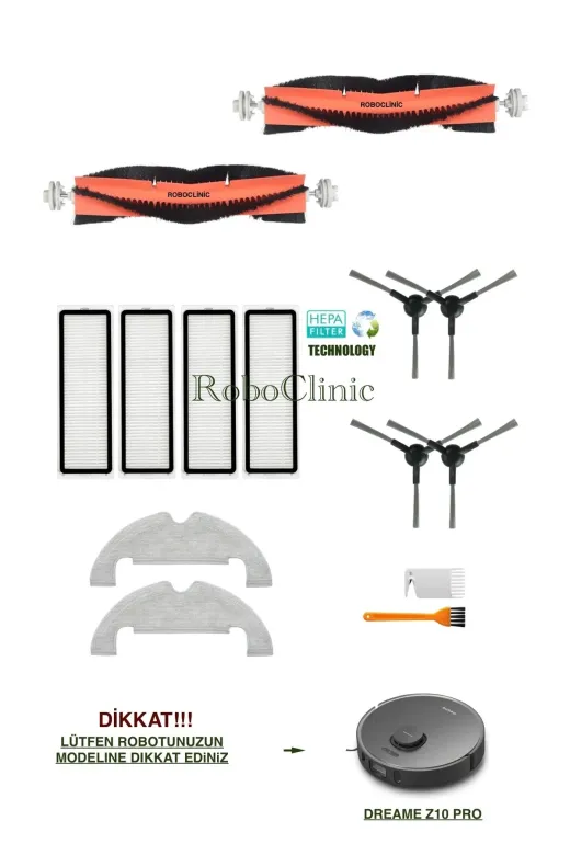 Roboclinic z10pro Dreame Z10 Pro Uyumlu Yedek Fırça, Hepa Filtre, Mop Seti-14 Parça