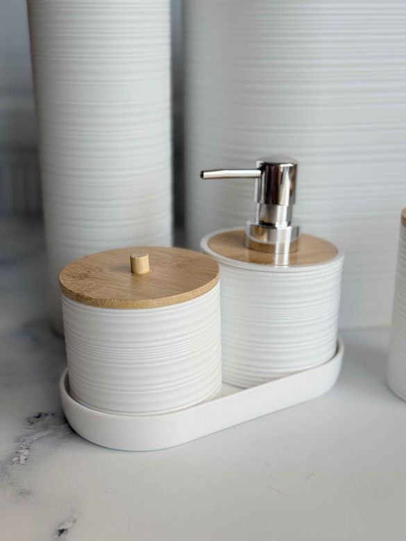 ROSSEV ban65404102 Akrilik 5 Parça Bambu Kapak Beyaz Banyo Seti