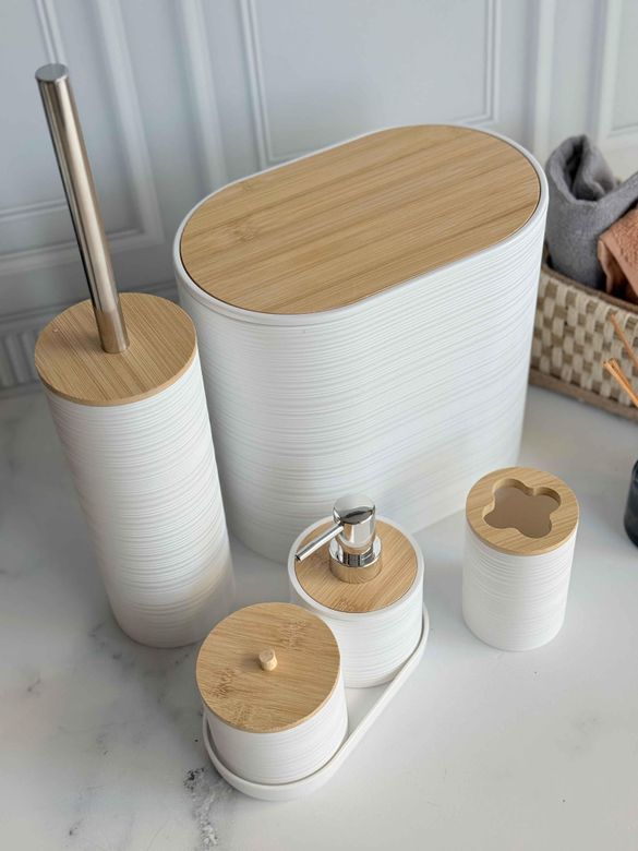 ROSSEV ban65404102 Akrilik 5 Parça Bambu Kapak Beyaz Banyo Seti