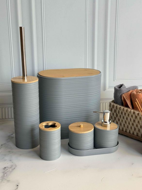 ROSSEV ban6546068 Akrilik 5 Parça Bambu Kapak Gri Banyo Seti