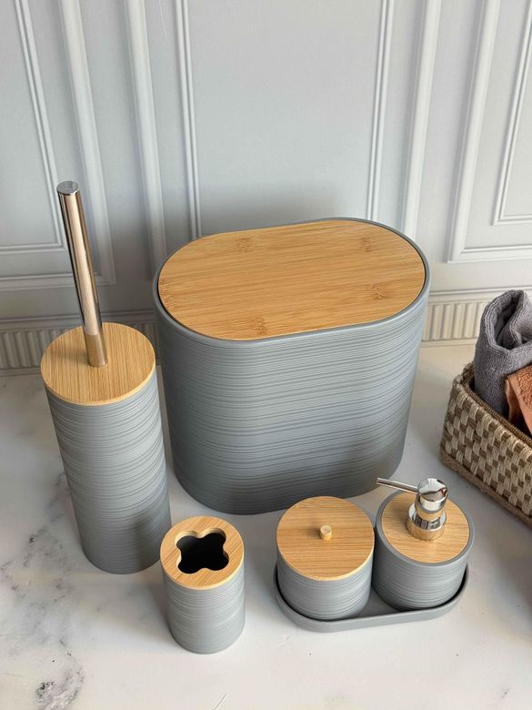 ROSSEV ban6546068 Akrilik 5 Parça Bambu Kapak Gri Banyo Seti