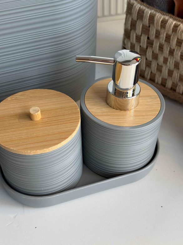 ROSSEV ban6546068 Akrilik 5 Parça Bambu Kapak Gri Banyo Seti