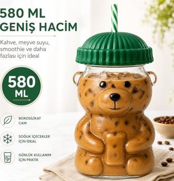 Royal Standart 57855210131494680184975 Sogud Cam Bardak - 580 Ml Pipetli Soğuk İçecek Bardağı - Borosilikat Cam Kupa - Ayıcıklı Figürlü Barista Kahve Bardağı - Smoothie Limonata Ice Tea Kokteyl Ve Meyve Suyu İçin Yazlık Sunum Asorti Renk Açık Ahşap