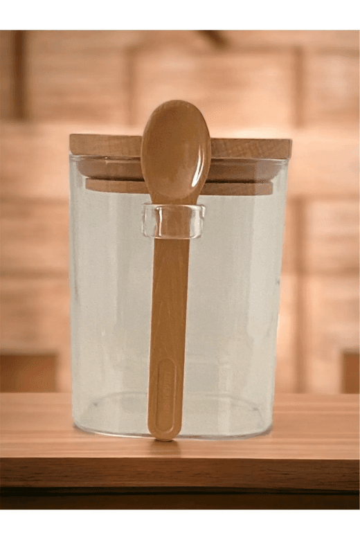 Royaleks Group RT-RYL-H-82051 Kare Bambu Kapaklı Kaşıklı Kristal Plastik Baharat Saklama Kabı 500Ml ( 1 Adet ) Royaleks-Hs501