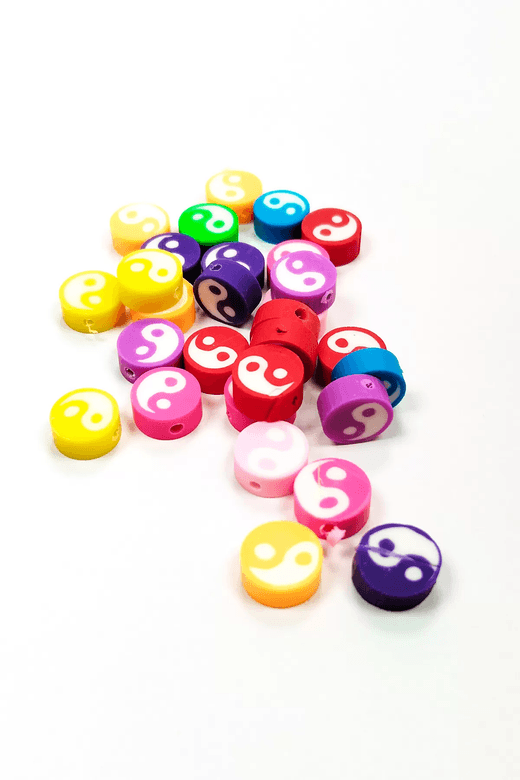 RT-RYL-B-0028-90 90 Adet 10 Mm Polimer Kil Fimo Boncuk Takı Bileklik + 5 Metre Lastikli Misina Hediye - Renkli Yin Yang