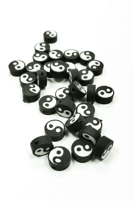 RT-RYL-B-0032-90 90 Adet 10 Mm Polimer Kil Fimo Boncuk Takı Bileklik + 5 Metre Lastikli Misina Hediye - Yin Yang