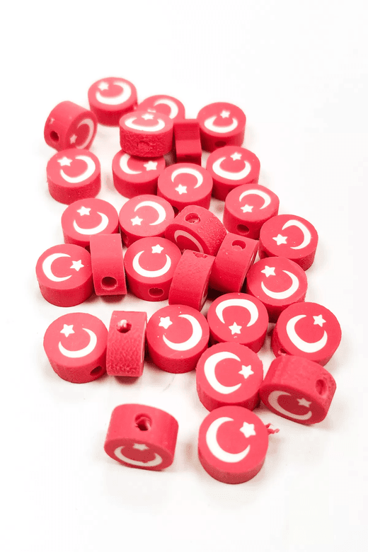 RT-RYL-B-0033-30 30 Adet 10 Mm Polimer Kil Fimo Boncuk Takı Bileklik + 1 Metre Lastikli Misina Hediye - Türk Bayrağı