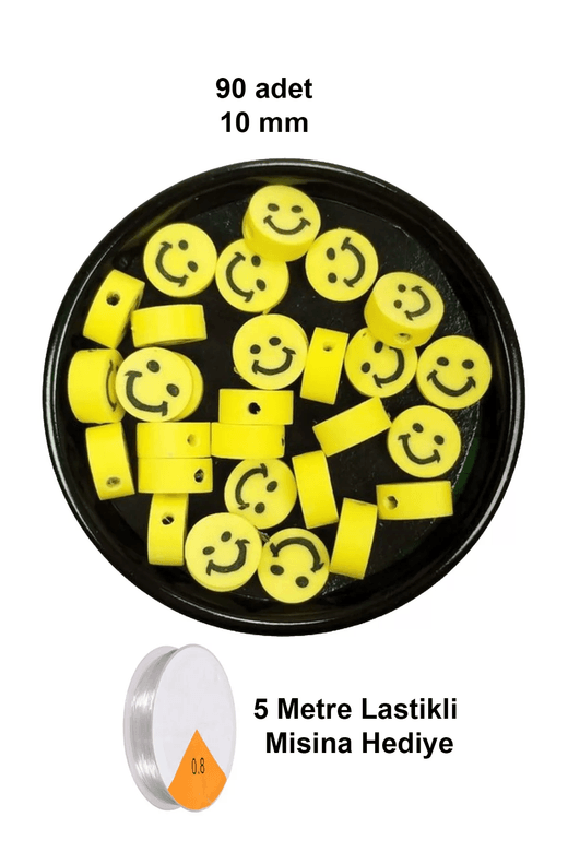 RT-RYL-B-0034-90 90 Adet 10 Mm Polimer Kil Fimo Boncuk Takı Bileklik + 5 Metre Lastikli Misina Hediye - Gülen Yüz Smile