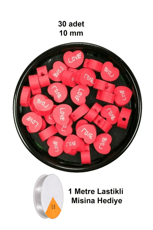 RT-RYL-B-0038-30 30 Adet 10 Mm Polimer Kil Fimo Boncuk Takı Bileklik + 1 Metre Lastikli Misina Hediye - Kalp Love