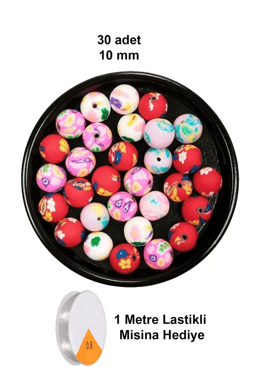 RT-RYL-B-0039-30 30 Adet 10 Mm Polimer Kil Fimo Boncuk Takı Bileklik + 1 Metre Lastikli Misina Hediye - Desenli Yuvarlak
