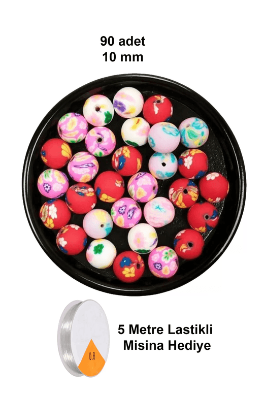 RT-RYL-B-0039-90 90 Adet 10 Mm Polimer Kil Fimo Boncuk Takı Bileklik + 5 Metre Lastikli Misina Hediye - Desenli Yuvarlak