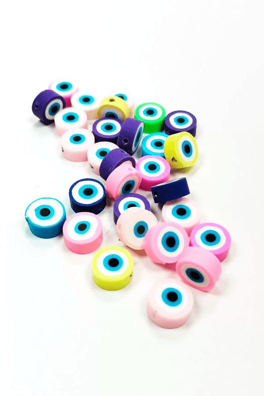 RT-RYL-B-0049 90 Adet 10 Mm Polimer Kil Fimo Boncuk Takı Bileklik + 5 Metre Misina Hediye - Smile - Nazar - Love