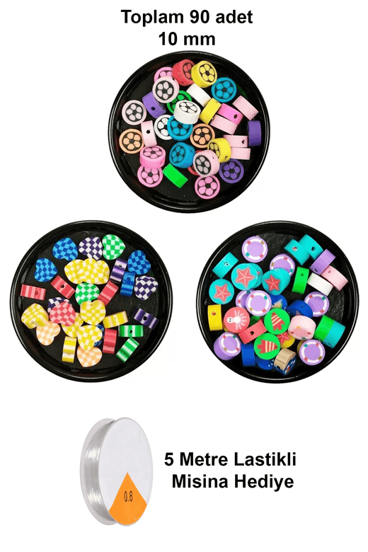 RT-RYL-B-0050 90 Adet 10 Mm Polimer Kil Fimo Boncuk Takı Bileklik + 5 Metre Misina Hediye - Kalp - Deniz - Çiçek