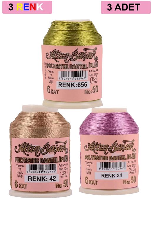 RT-RYL-HMR17369 3 Adet Altınbaşak Oya Ve Dantel İpi 20 Gr - Royaleks - No: 042 - 034 - 656
