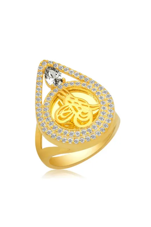 Ruken Gümüş GPGPT6112 Nidam Butik Gümüş Gold Tuğralı Yüzük